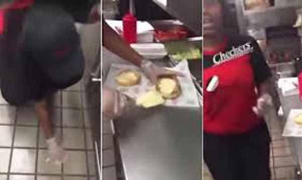 موظفة في مطعم تمسح الأرض بقطعة خبز قبل تقديمها للزبائن