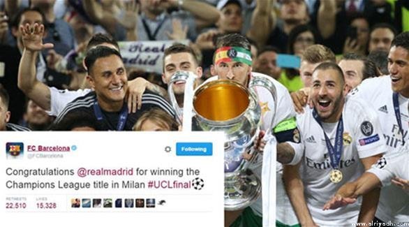 برشلونة يهنئ ريال مدريد بعد تتويجه بـ«دوري الأبطال» 1 510fd7af0762a793fe1c003c698577f0