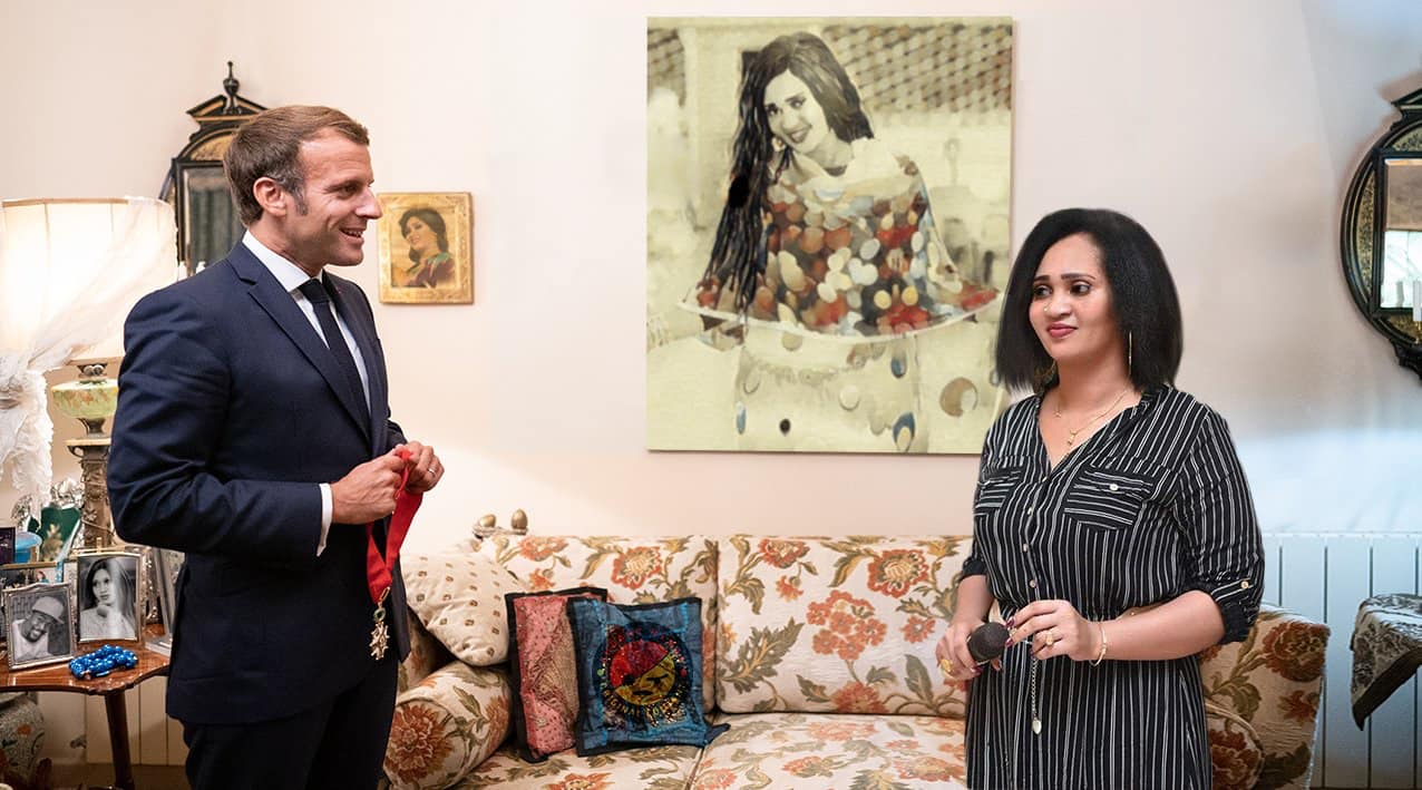 شاهد بالصورة.. ما هي حقيقة لقاء الفنانة السودانية الضجة عشة الجبل بالرئيس الفرنسي ماكرون؟ 3 الجبلية وماكرون