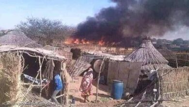 A picture released by activist on 25 November showing a village burning in Jebel Moon Area of West Darfur