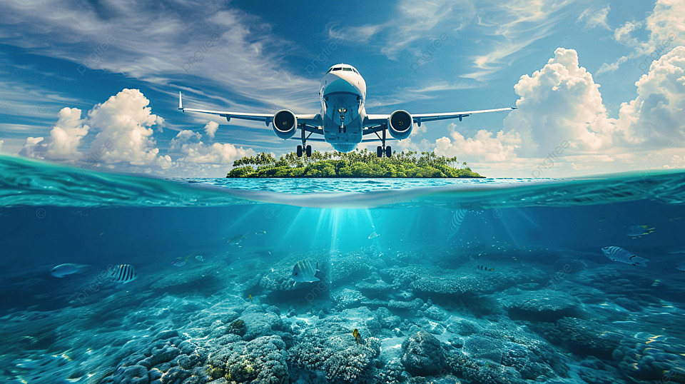 pngtree airplane flying above tropical sea with island underwater view image 15692984